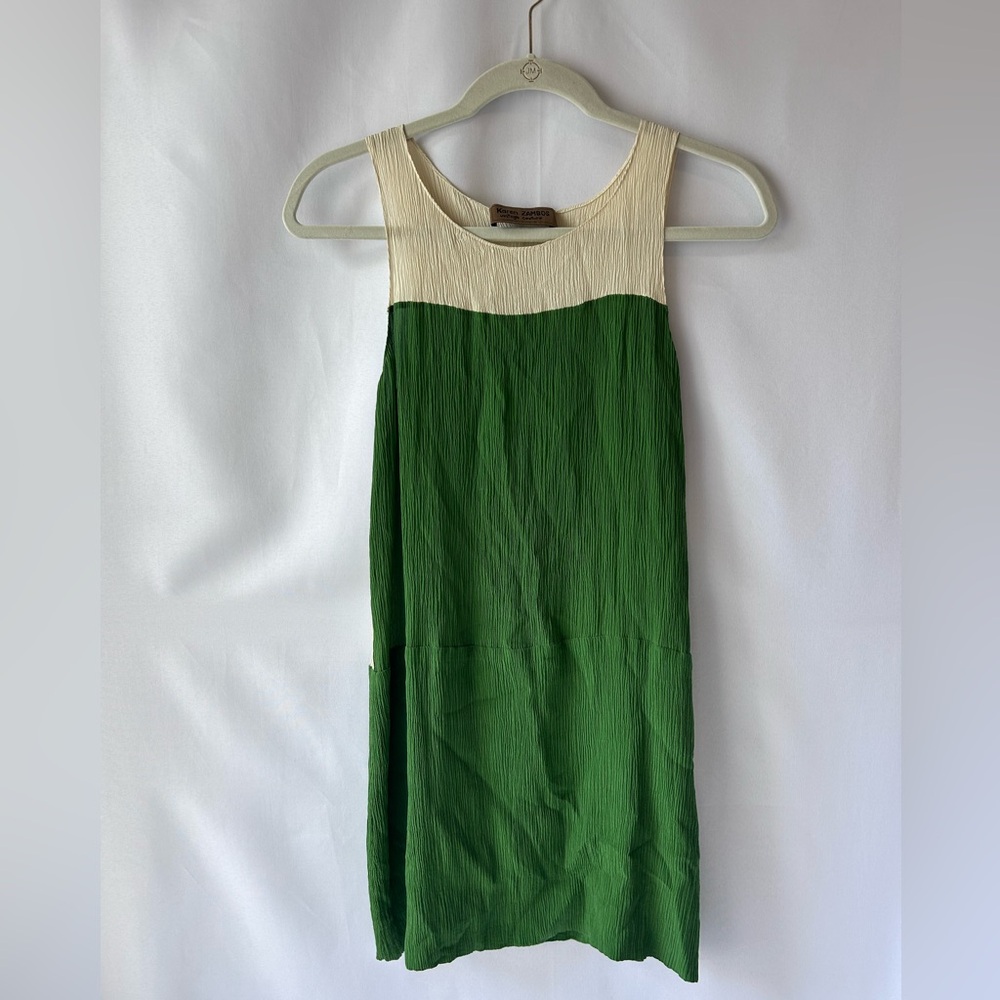 Karen Zambos Green and Cream Sleeveless Mini Shift Dress